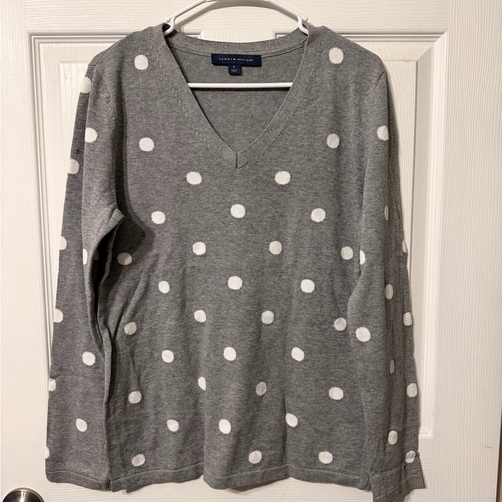 Tommy Hilfiger Gray and White Polka Dot V-Neck Sweater
